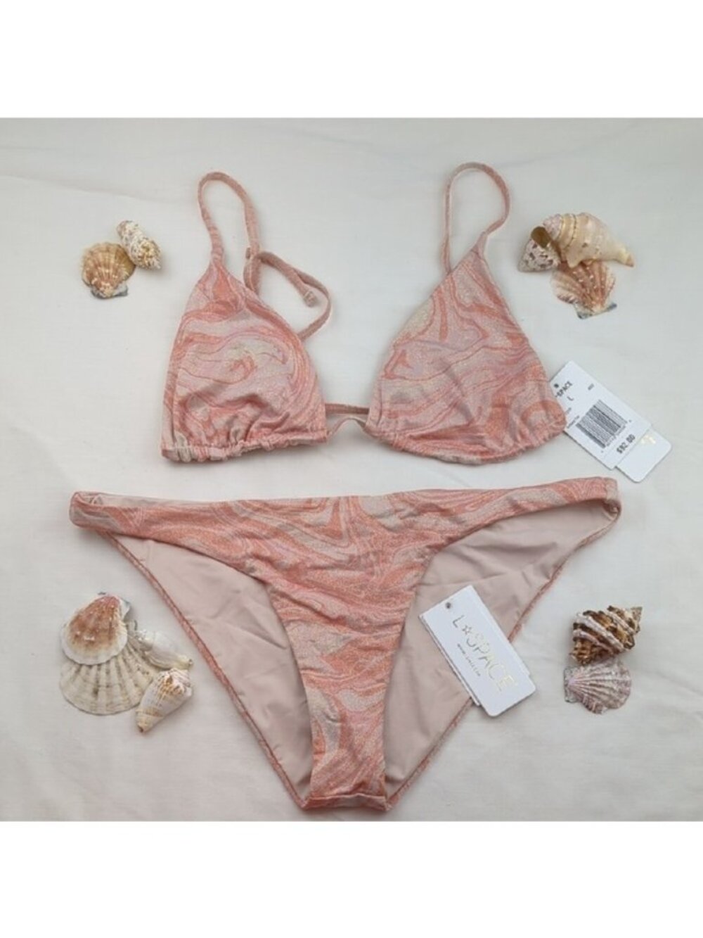 L*Space Brittany Top Camacho Classic Bottoms Pink Swirl Bikini Set Size Large